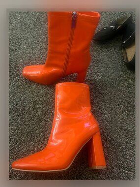 SHEIN Orange Patent Block Heel Ankle Boots